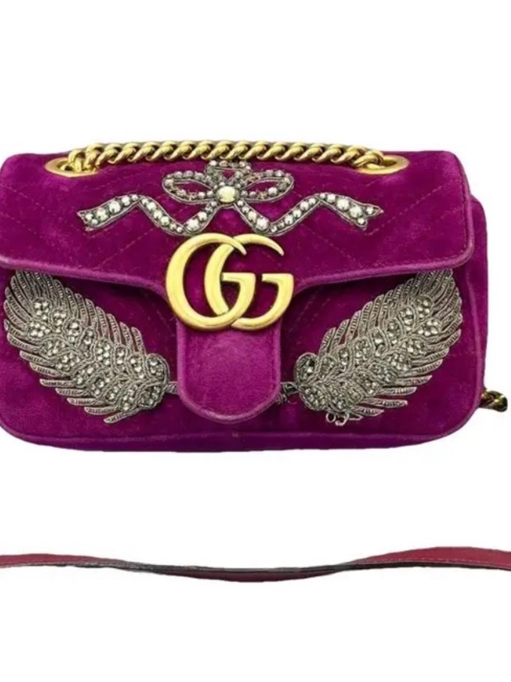 Gucci Fuchsia Velvet Shoulder Bag with Gold Hardware and Crystal Wings